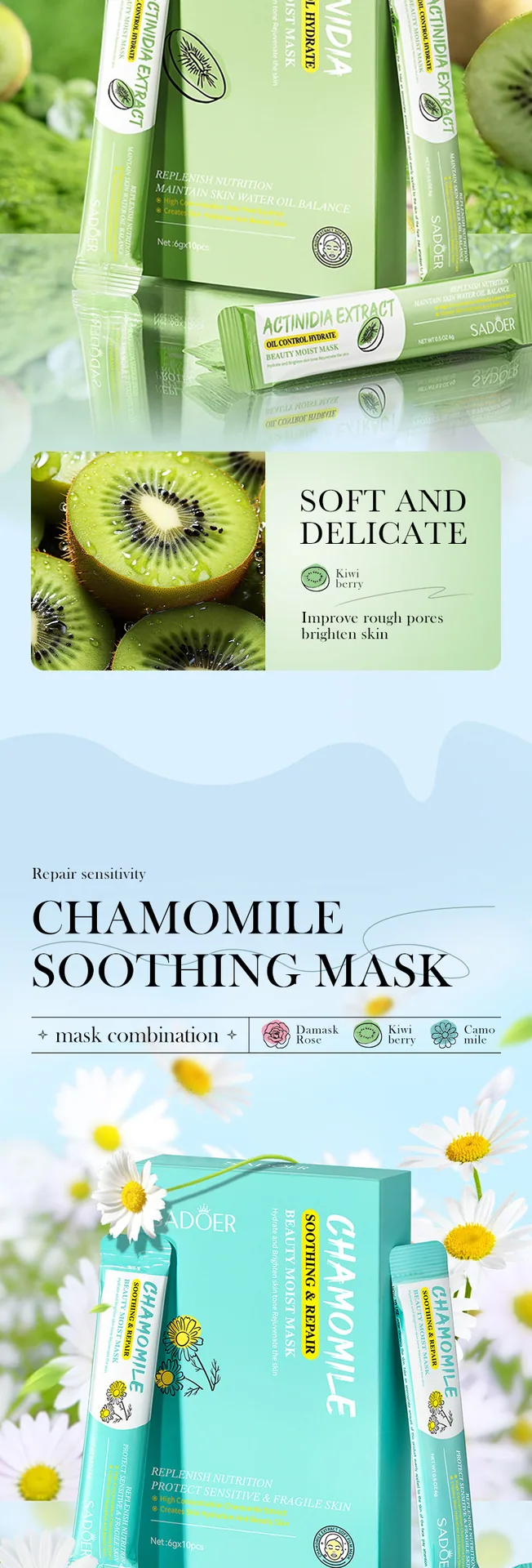 Ingredients and efficacy description of SADOER kiwi oil control facial mask, cross-border foreign trade skin care wholesale g