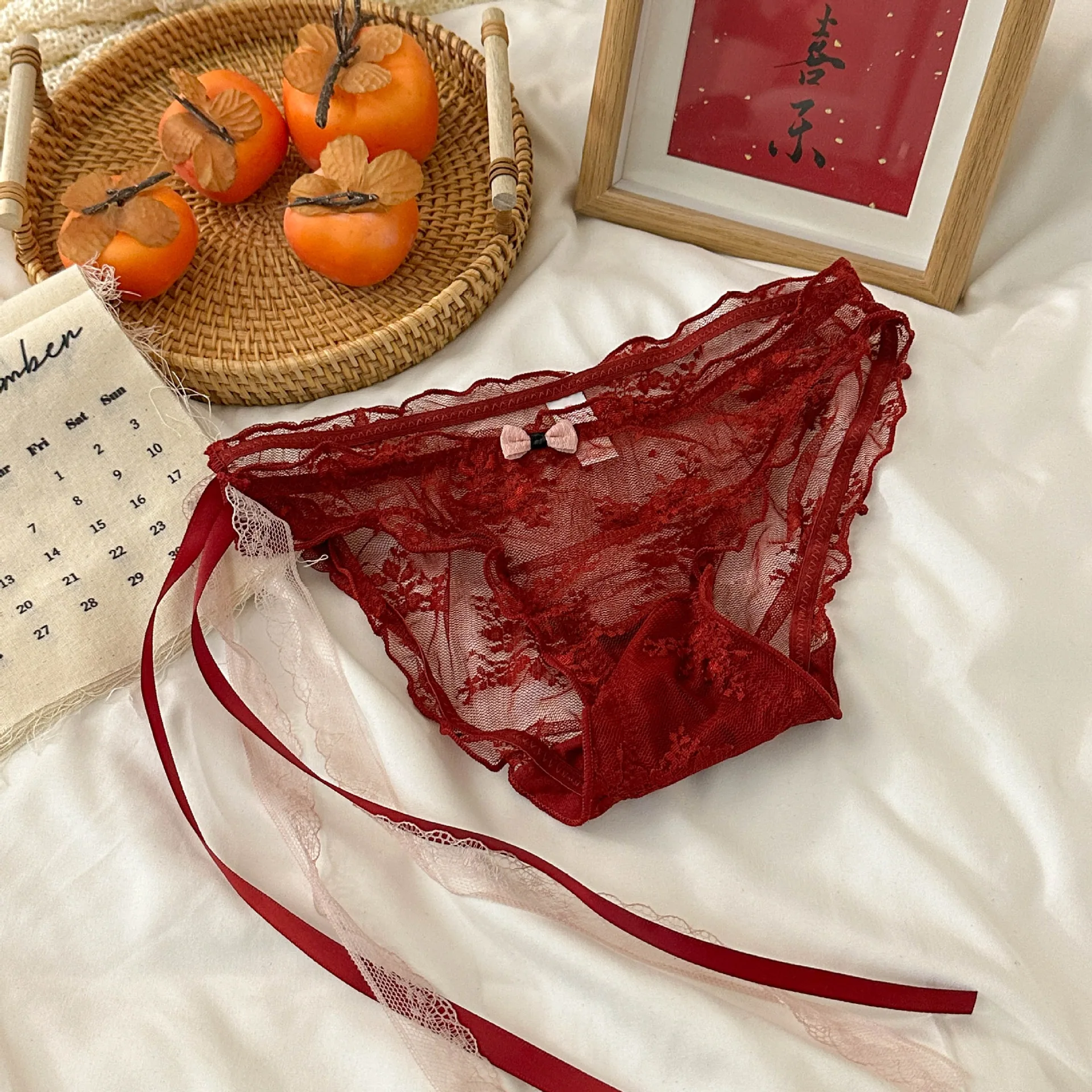 Birth Year Combination~Red Underwear Lace Sexy Women's Pure Cotton Breathable Comfortable Triangle Pants New Year Underwear 4