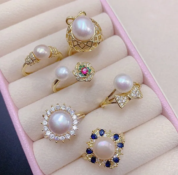Natural freshwater pearl adjustable ring with opening, genuine gold color preservation electroplating, micro inlaid zircon, ligh