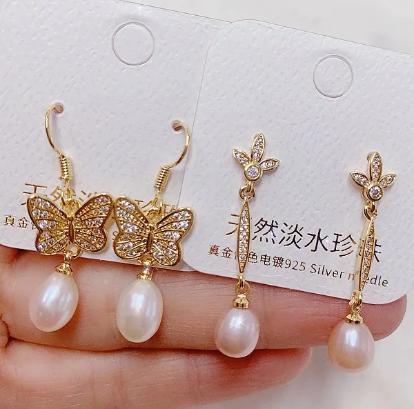 Light luxury natural freshwater pearl earrings plated with real gold and micro inlaid with zircon earrings, ear buckles, high-en 19