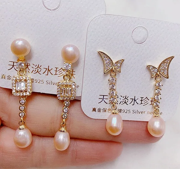 Light luxury natural freshwater pearl earrings plated with real gold and micro inlaid with zircon earrings, ear buckles, high-en 8