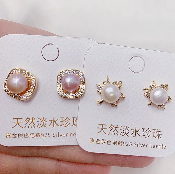 Light luxury natural freshwater pearl earrings plated with real gold and micro inlaid with zircon earrings, ear buckles, high-en 9