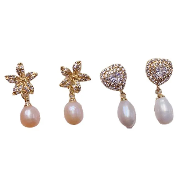 Light luxury natural freshwater pearl earrings plated with real gold and micro inlaid with zircon earrings, ear buckles, high-en 4