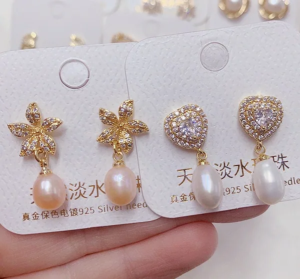 Light luxury natural freshwater pearl earrings plated with real gold and micro inlaid with zircon earrings, ear buckles, high-en 6