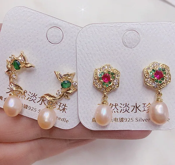 Light luxury natural freshwater pearl earrings plated with real gold and micro inlaid with zircon earrings, ear buckles, high-en 14