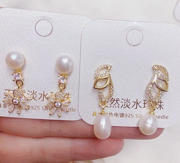 Light luxury natural freshwater pearl earrings plated with real gold and micro inlaid with zircon earrings, ear buckles, high-en 7