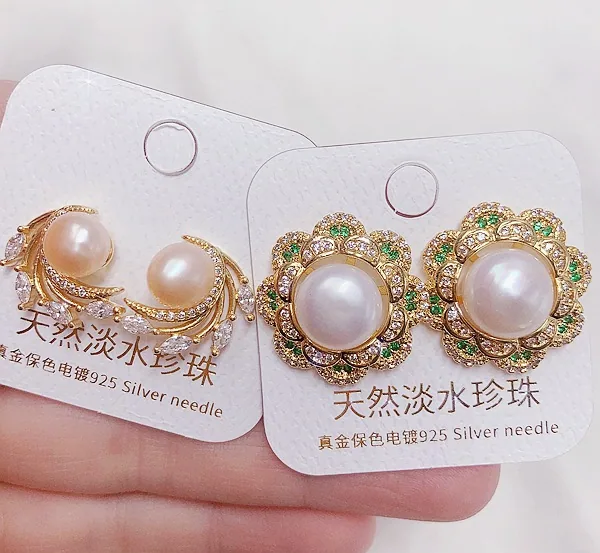 Light luxury natural freshwater pearl earrings plated with real gold and micro inlaid with zircon earrings, ear buckles, high-en 16