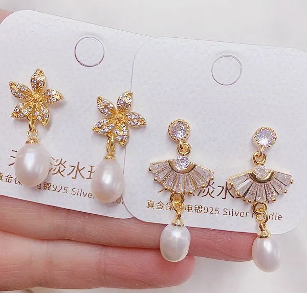 Light luxury natural freshwater pearl earrings plated with real gold and micro inlaid with zircon earrings, ear buckles, high-en 15