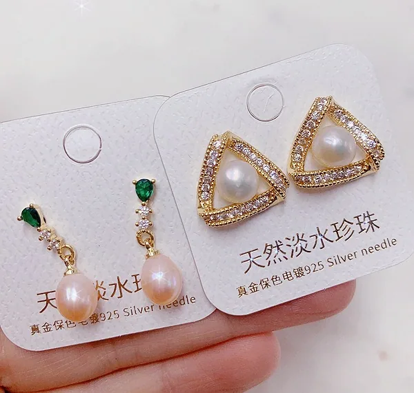 Light luxury natural freshwater pearl earrings plated with real gold and micro inlaid with zircon earrings, ear buckles, high-en 18