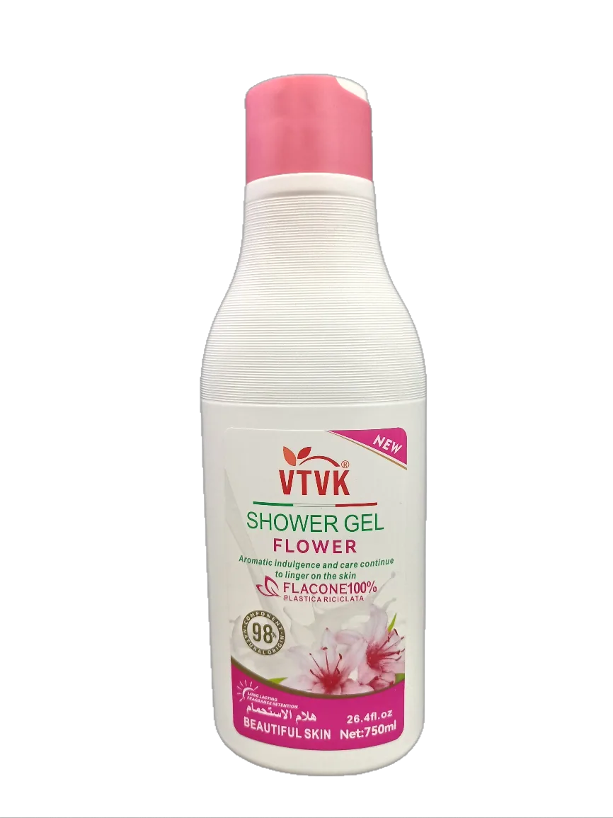 VTVK flower shower gel 750ml bottle size and volume display, unit bottle, showing generous capacity for daily use