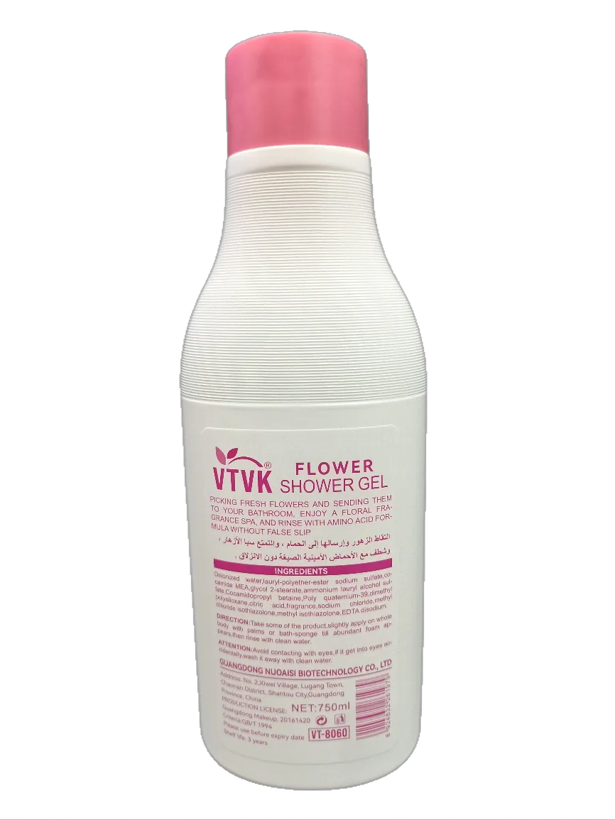 VTVK flower shower gel in bathroom scene, floral aroma enveloping senses for a luxurious daily shower and lasting care