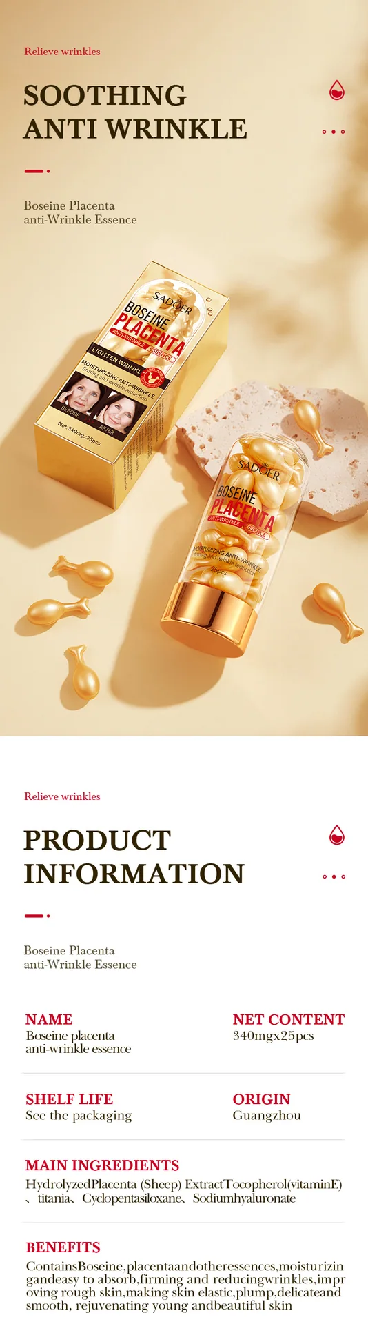 SADOER Bosein Sheep Placenta Anti-Wrinkle Essence Capsule Size Specification Marking Single Capsule pcs Unit Display