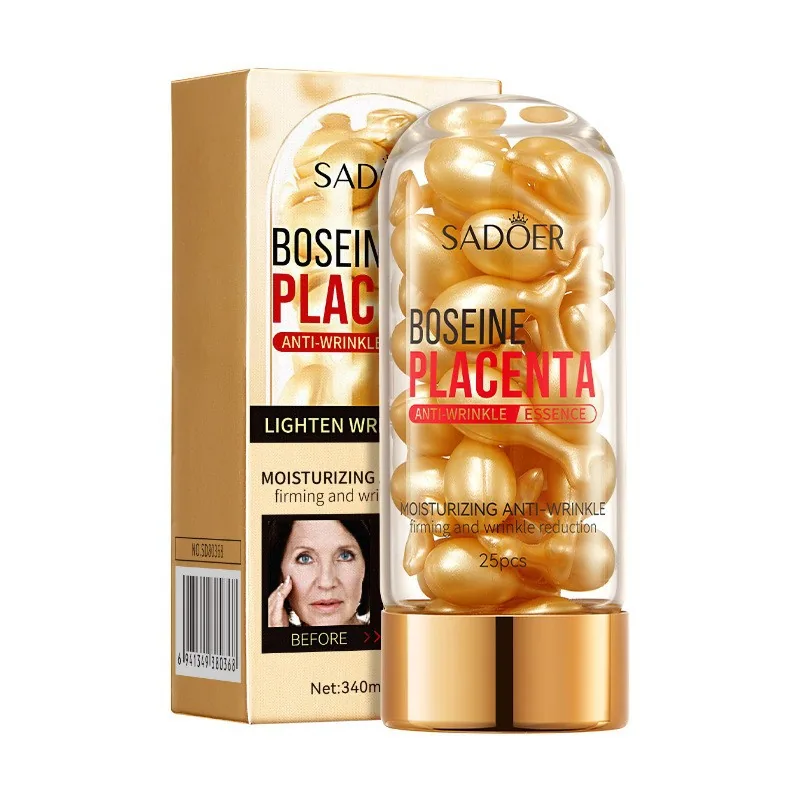 Close-up detail of anti-wrinkle essence capsules, SADOER sheep placenta essence granules are plump and translucent, showcasin