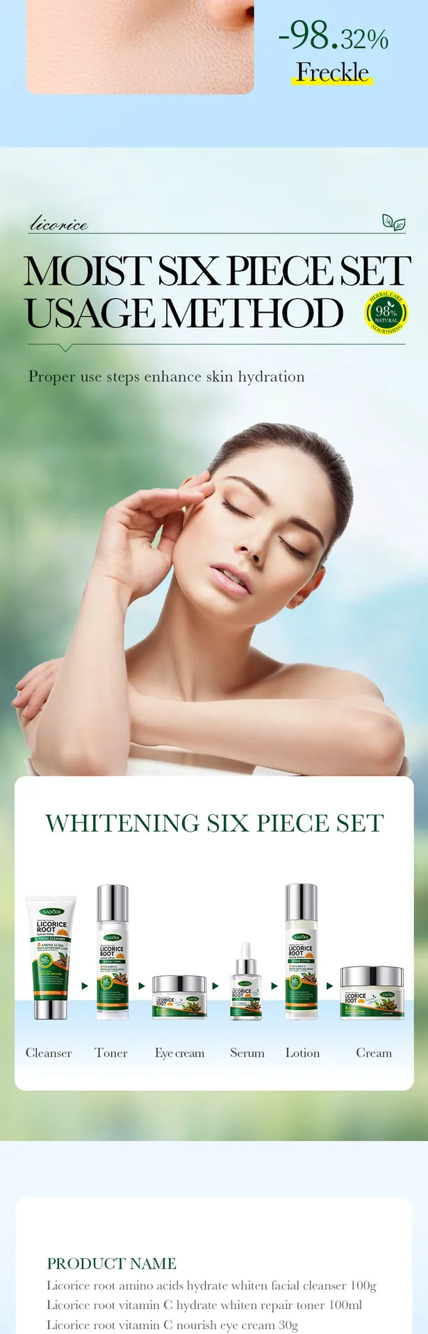 SADOER licorice VC whitening six piece set plant extract facial mask details close-up, moisturizing skin care set box display