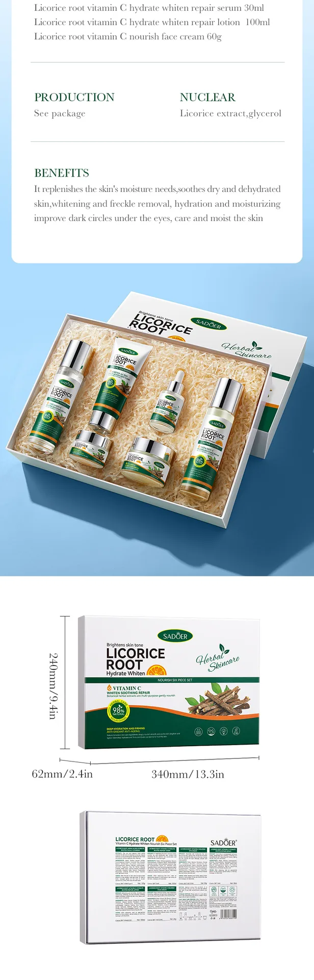 SADOER licorice VC whitening six piece set cross-border special packaging, plant extract skin care moisturizing facial mask s