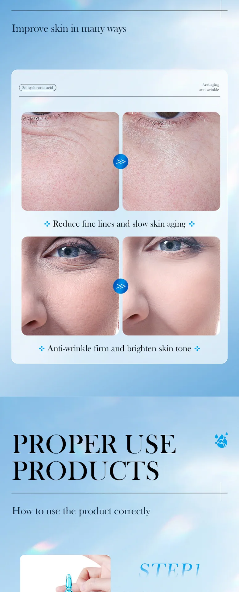 SADOER 8D Hyaluronic Acid Anti-Wrinkle Repair Ampoule Essence close-up detail, hyaluronic acid firming essence dropper displa