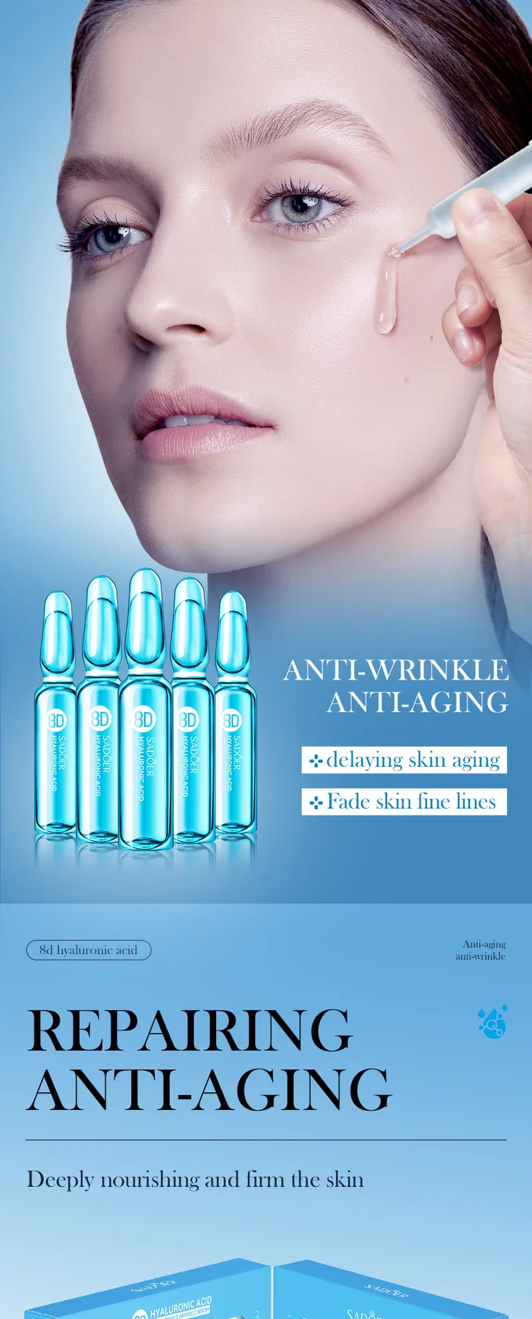 SADOER 8D Anti-Wrinkle Repair Ampoule Essence specification labeling, hyaluronic acid firming essence volume and size descrip