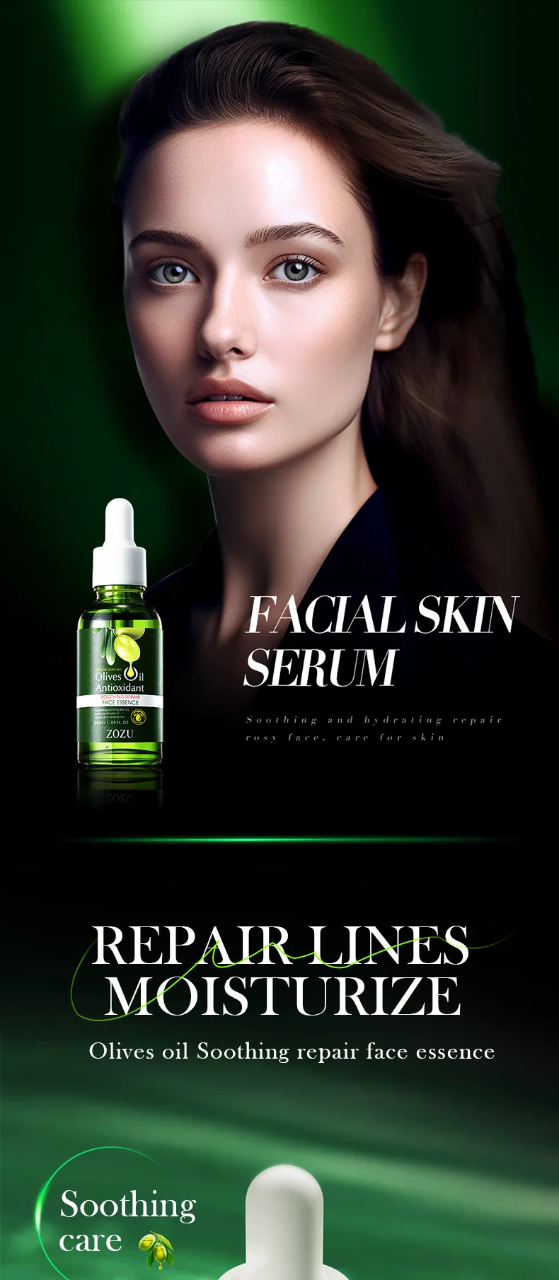 ZOZU olive oil repair essence package display All English foreign trade wholesale skin care essence to improve dry eyes