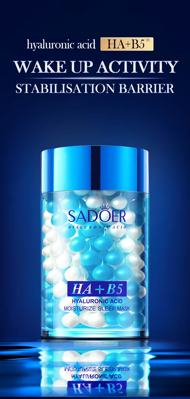 Composition of SADOER Hyaluronic Acid B5 Repair Sleep facial mask, close-up of Hyaluronic Acid and B5 Repair Moisturizing For