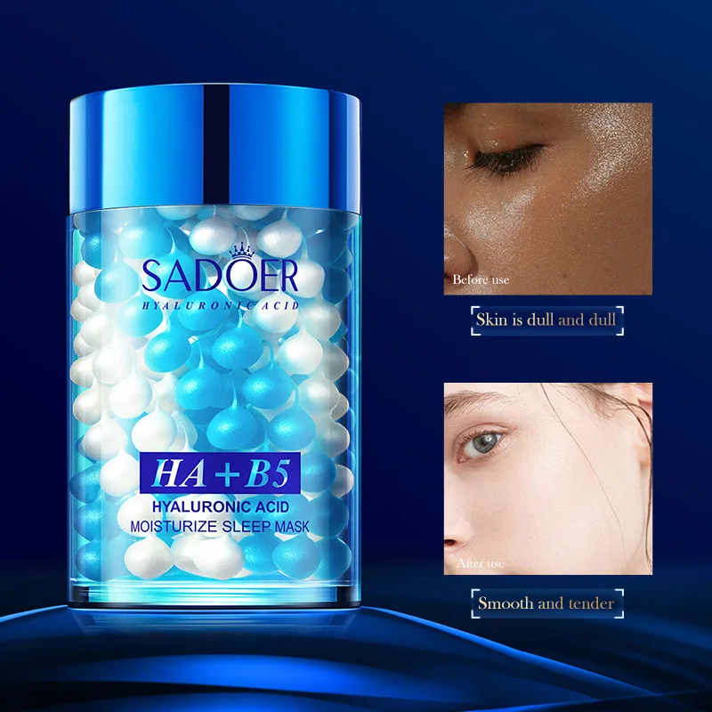 A close-up of the front details of SADOER Hyaluronic Acid B5 Repair Sleep facial mask, showing the product label in English a