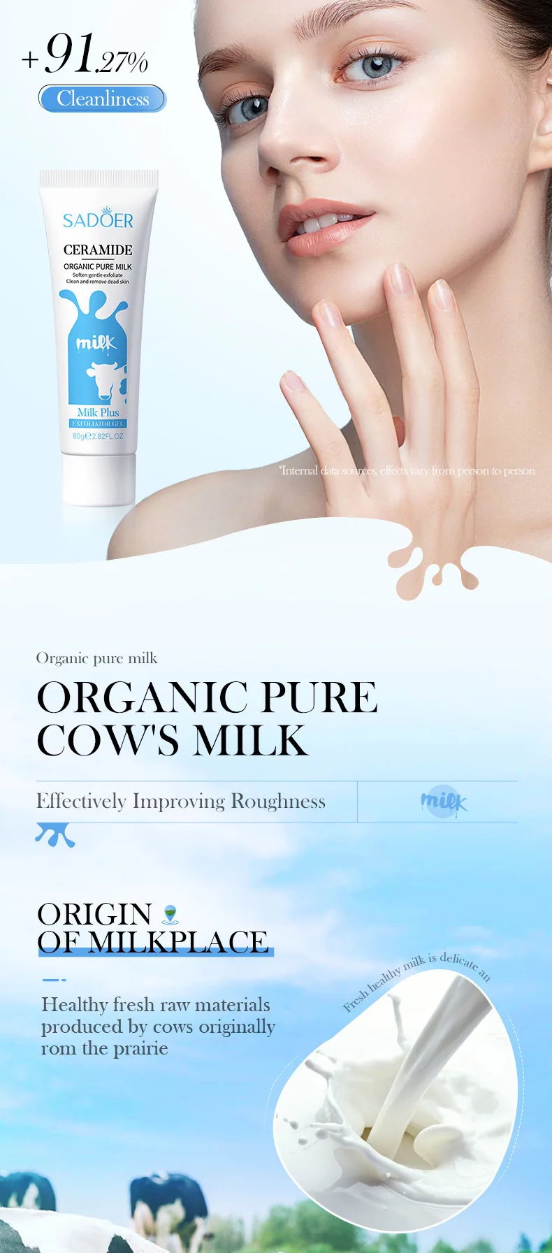 SADOER exfoliating gel cream texture display, ceramide milk ingredients whitening and cleaning, facial and body dual-use