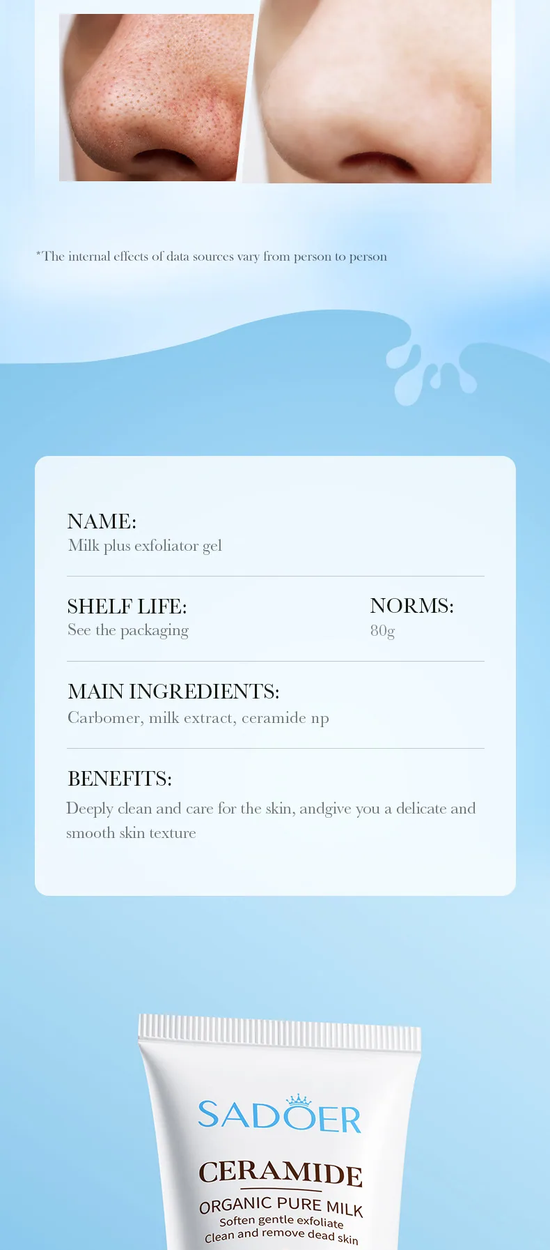 SADOER ceramide milk gel cream packaging dimensions, whitening, cleaning and exfoliation, foreign trade wholesale specificati