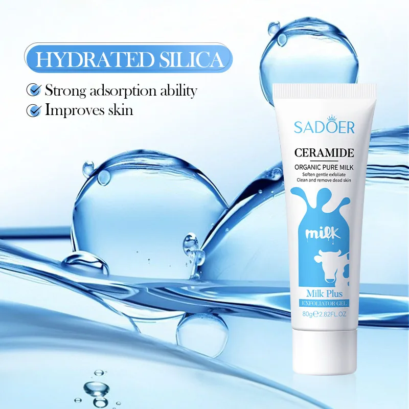 Close up of SADOER exfoliating gel cream cream, showing the delicate texture of ceramide milk ingredients