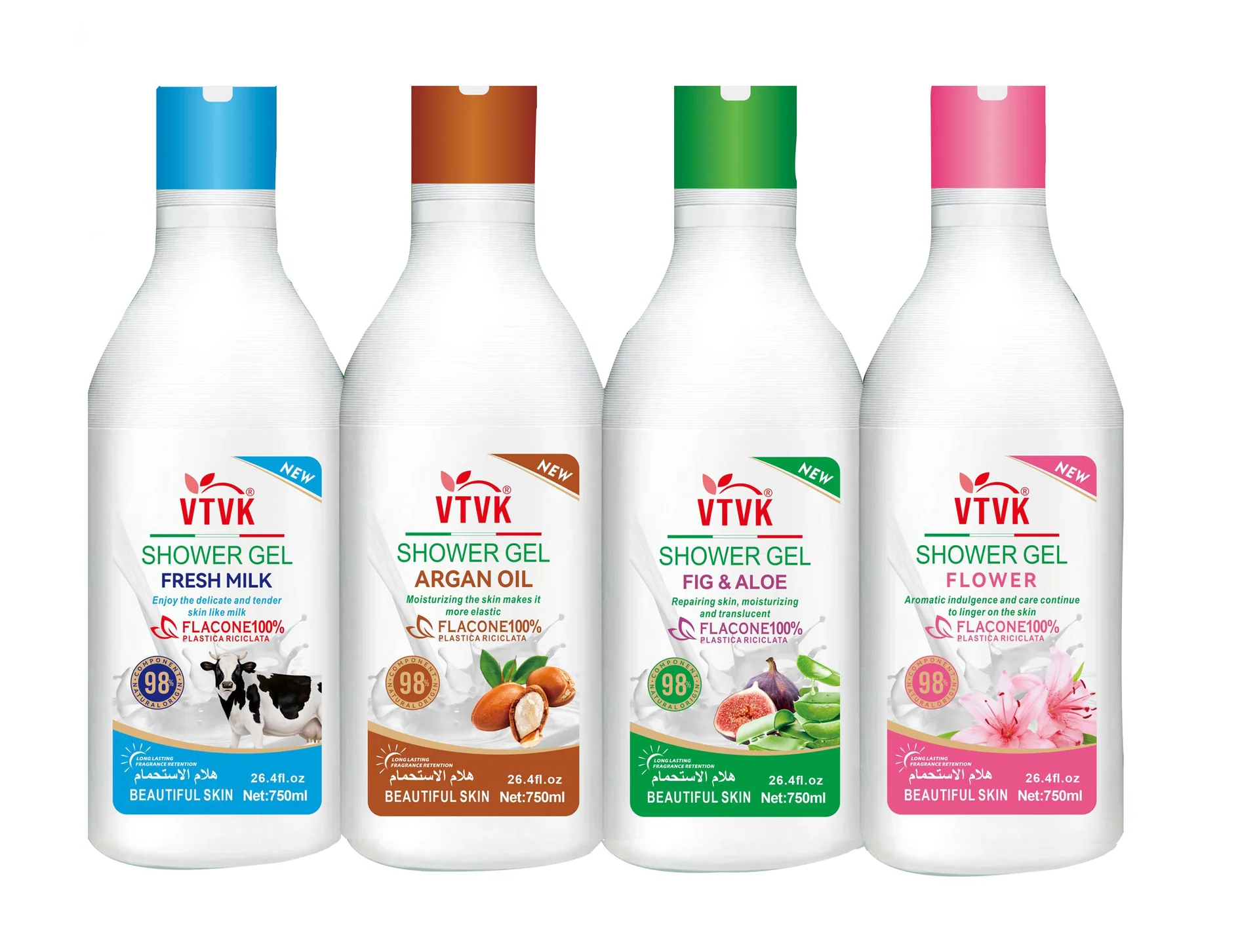 VTVK shower gel 750ml net volume size label, 100% natural fresh fig aloe repairing moisturizing translucent bottle