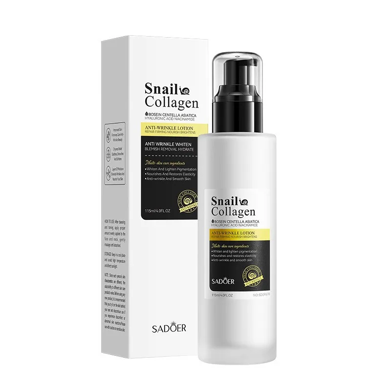 Close up of the front of the bottle of SADOER snail collagen lotion, showing details of anti wrinkle and moisturizing facial 