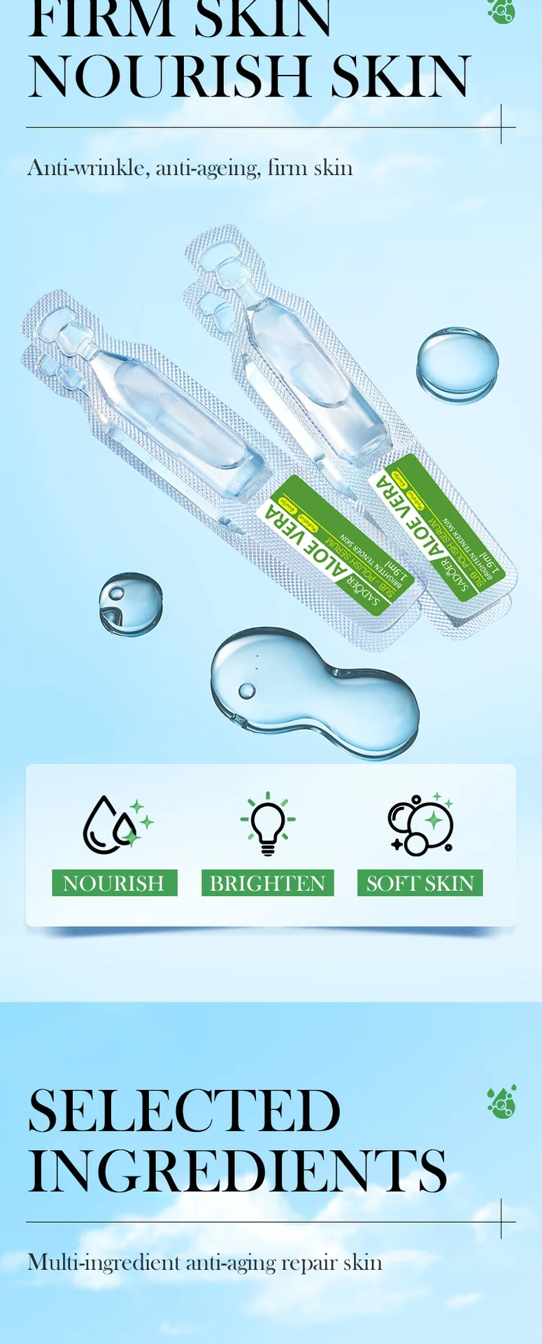 SADOER aloe essence liquid packaging process feature All English disposable packaging materials and sealing details