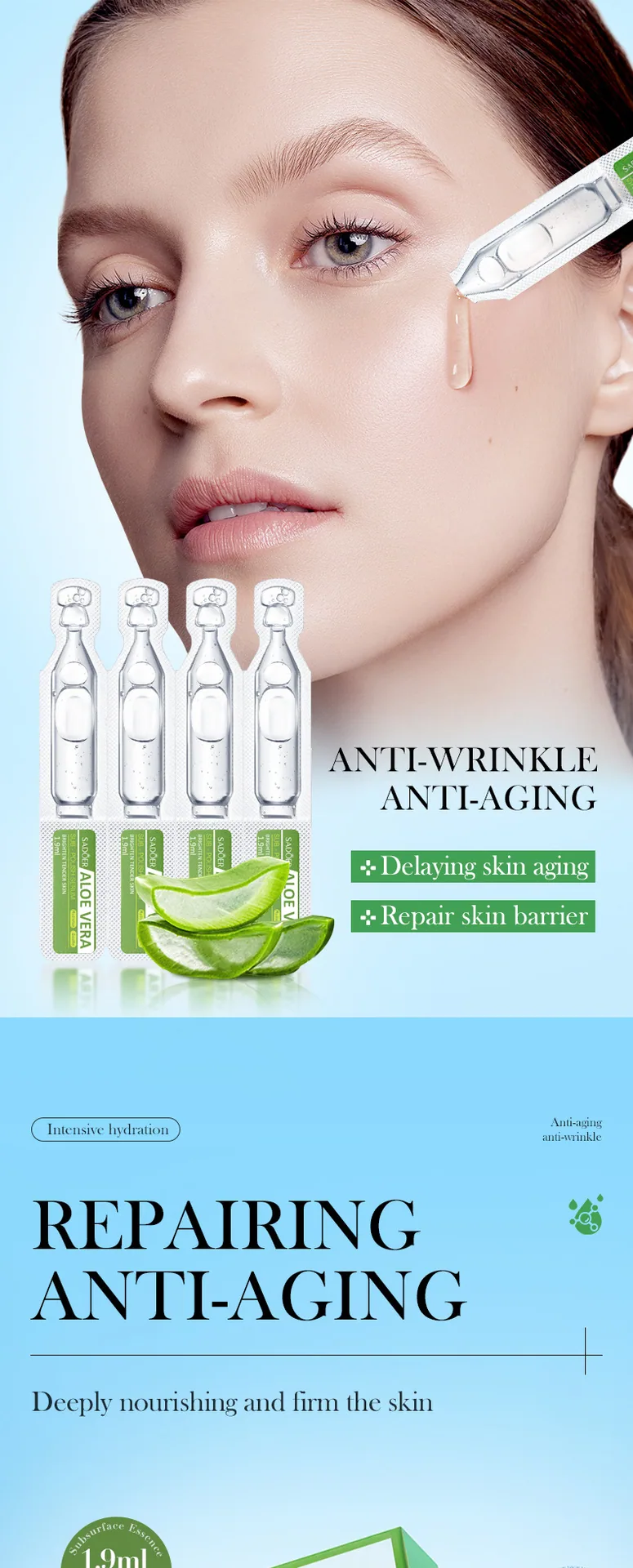 Details of SADOER aloe moisturizing essence disposable English package moisturizing and skin rejuvenating essence cross-borde