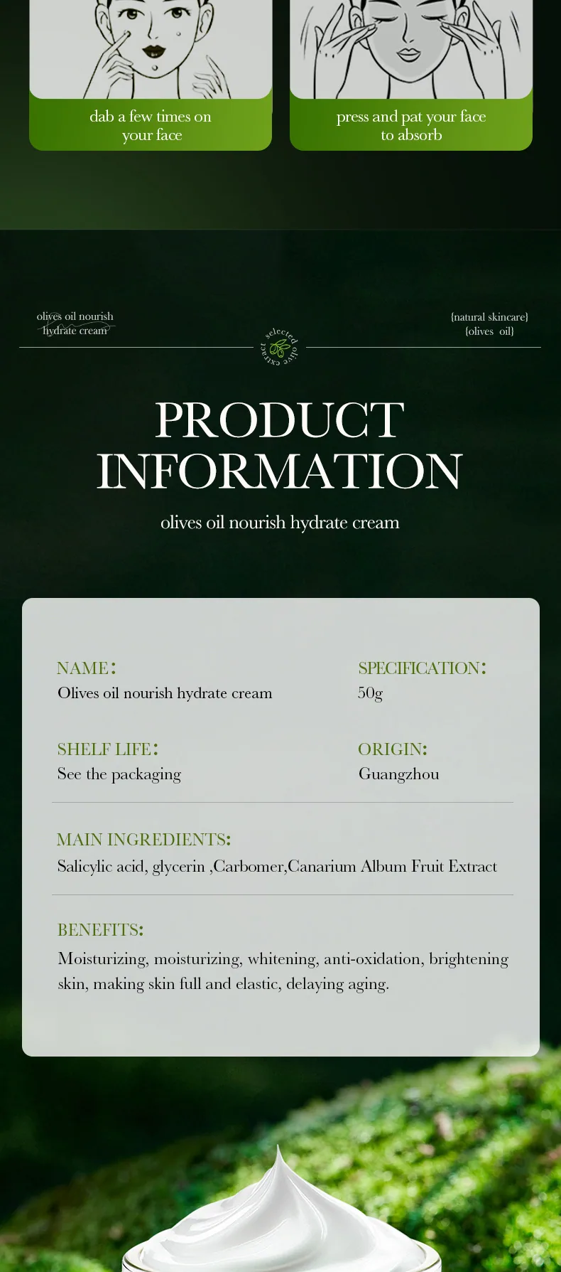 ZOZU Olive Oil face cream Bottle Label Close up Full English Composition Description Cross border Source