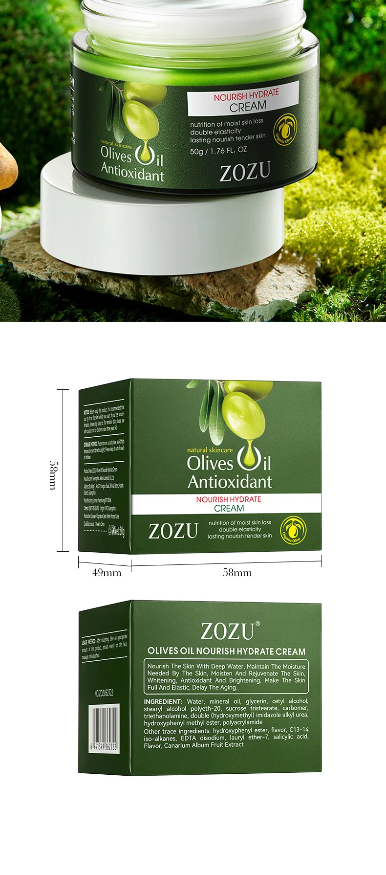 ZOZU Olive Oil Nourishing&Moisturizing face cream Scene Usage Diagram All English Foreign Trade Wholesale Hot Sale