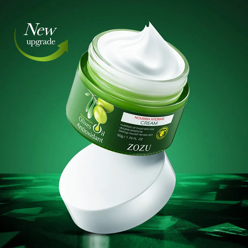 Close up of texture details of ZOZU olive oil face cream, nourishing and moisturizing cream cream display