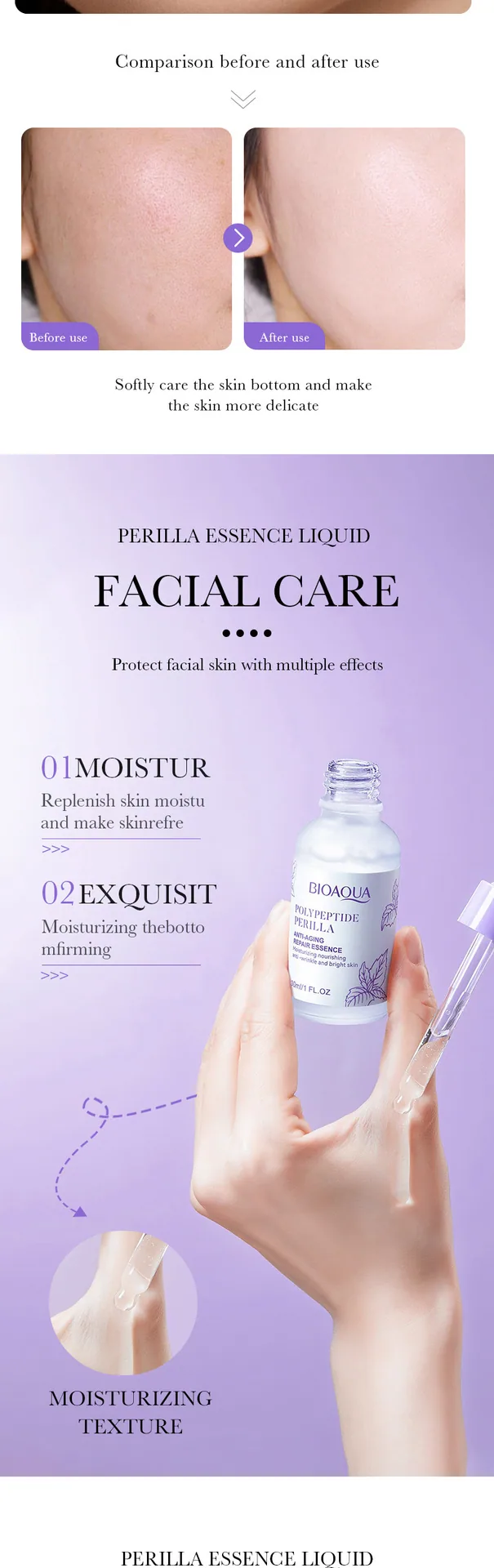 BIOAOU perilla polypeptide essence bottle size marking, portable skin care essence, cross-border hot sale