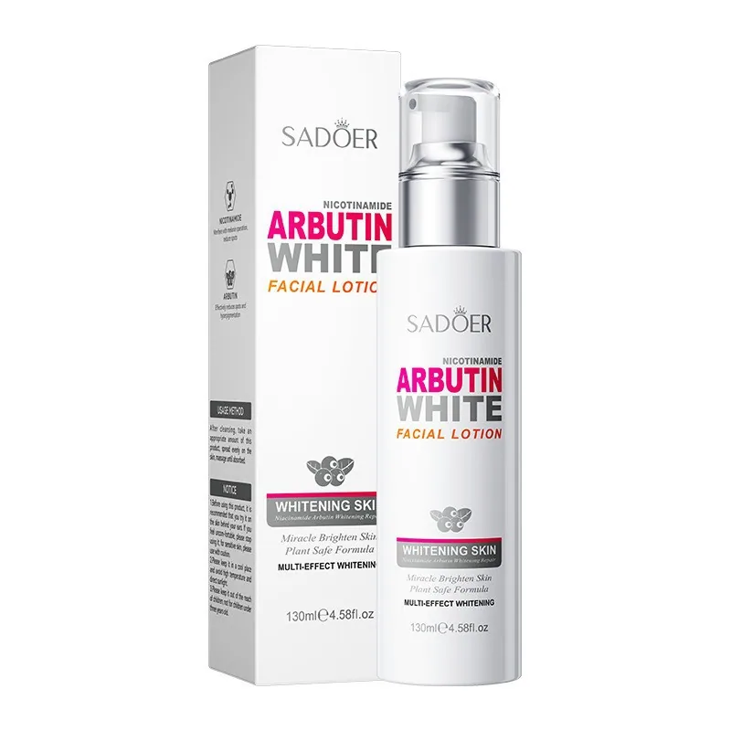 SADOER whitening essence lotion bottle details close-up Nicotinamide arbutin ingredient label is clearly visible