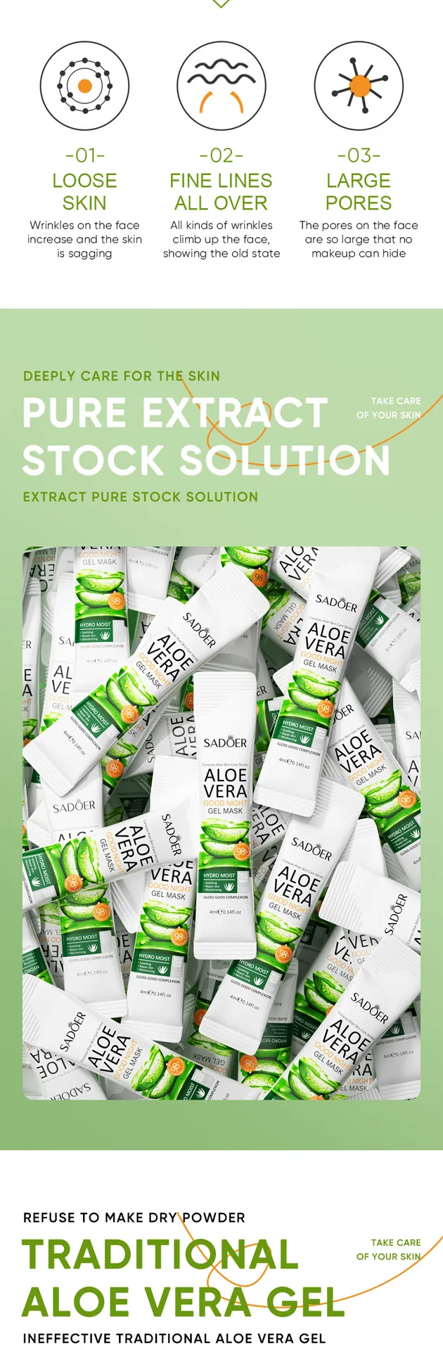 The selling points of SADOER Aloe Night Frozen Film are displayed. With aloe moisturizing formula, you can apply facial mask 