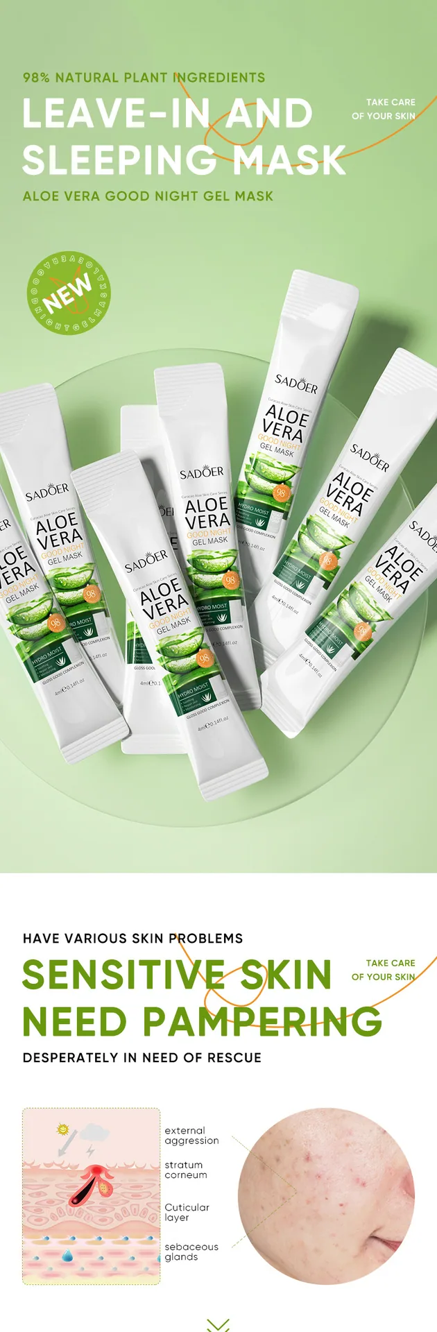 SADOER Aloe Goodnight Freeze Mask Ingredients Selling Point Picture, Aloe Vera Extract and Moisturizing Effect Display
