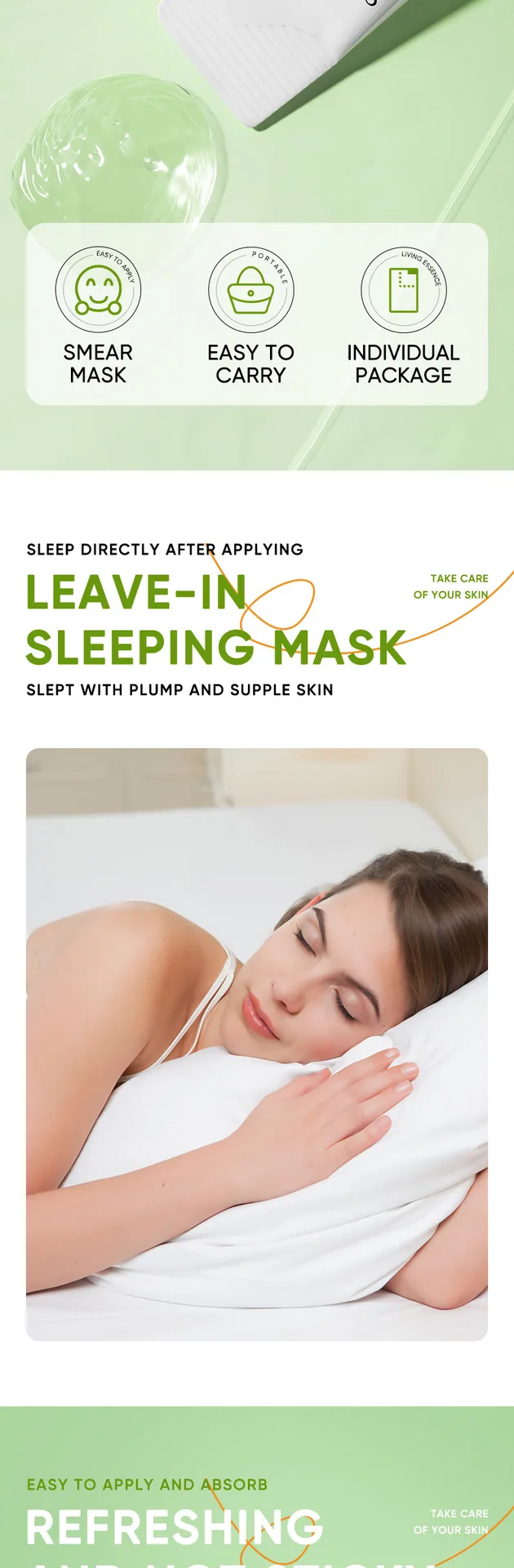 Detailed close-up of SADOER Aloe Vera Night Freezing Film applied wash free facial mask, moisturizing texture, cross-border w