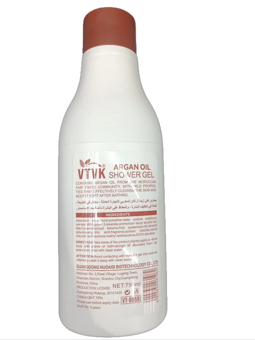 Close-up of VTVK shower gel 100% translucent bottle, fresh argan oil moisturizing formula detail