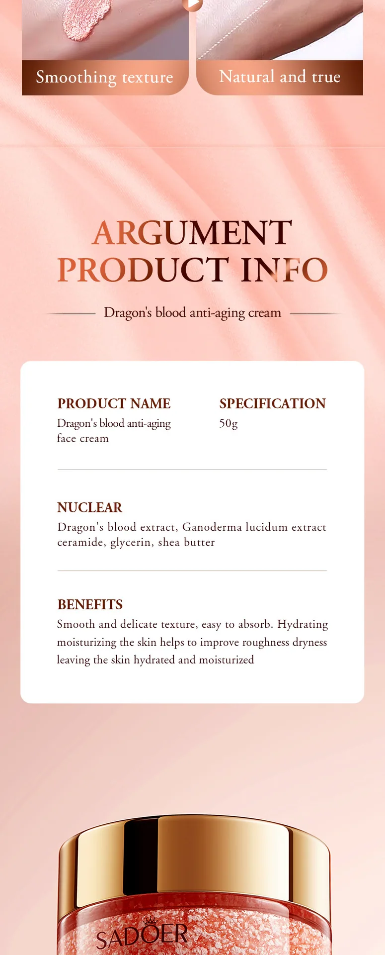 SADOER Ganoderma Lucidum Dragon Blood Anti Wrinkle face cream with texture display and moisturizing formula is suitable for f