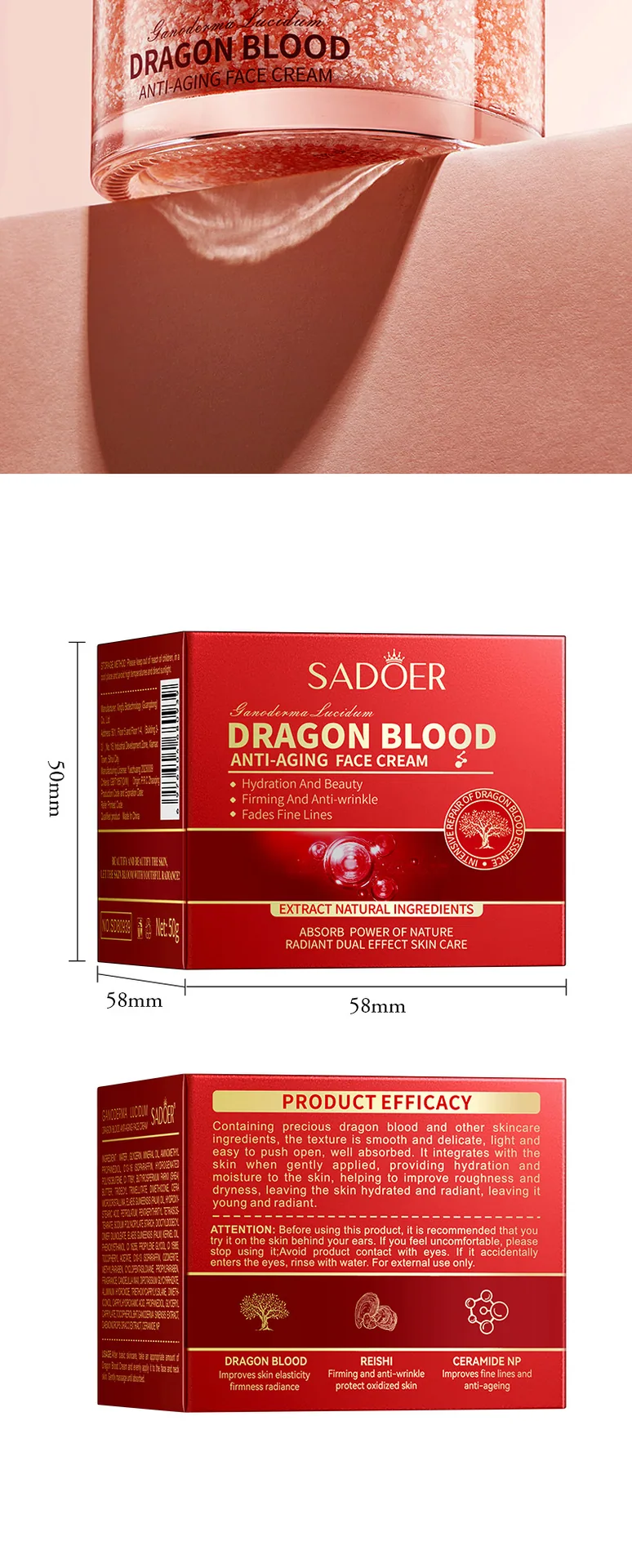 SADOER Ganoderma Lucidum Dragon Blood Anti Wrinkle face cream is displayed from multiple angles to replenish water, moisturiz