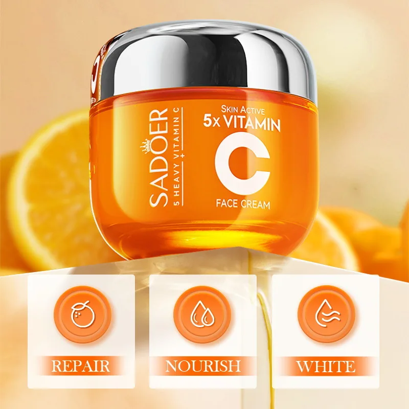 SADOER Five Dimensional C Whitening and Firming Cream Packaging Box Front Details, Cross border Export English Label and Prod