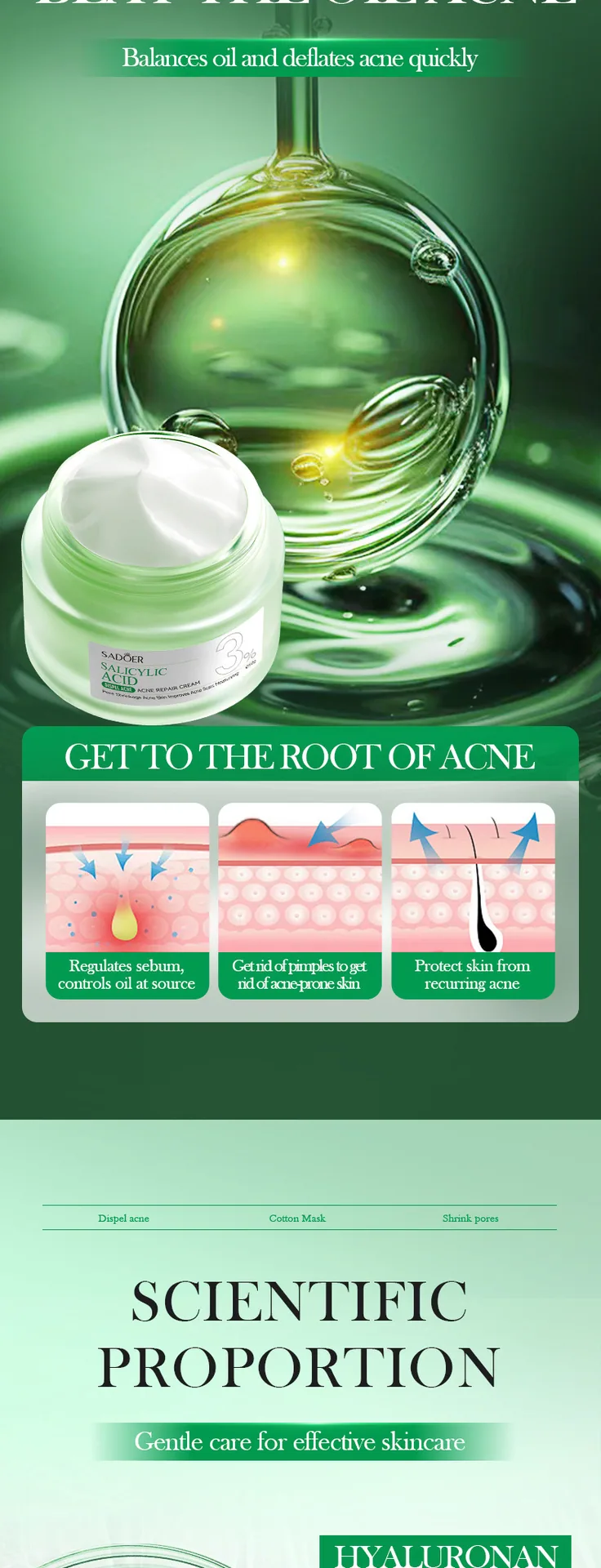 Physical display of SADOER salicylic acid repair cream, close-up of the extensibility of student moisturizing face cream, cro