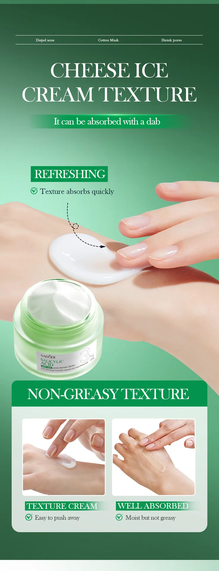 SADOER Salicylic Acid Acne Cream Suitable for Skin Types Scene Picture, Moisturizing Care for Students' Oily Acne Skin, Cross