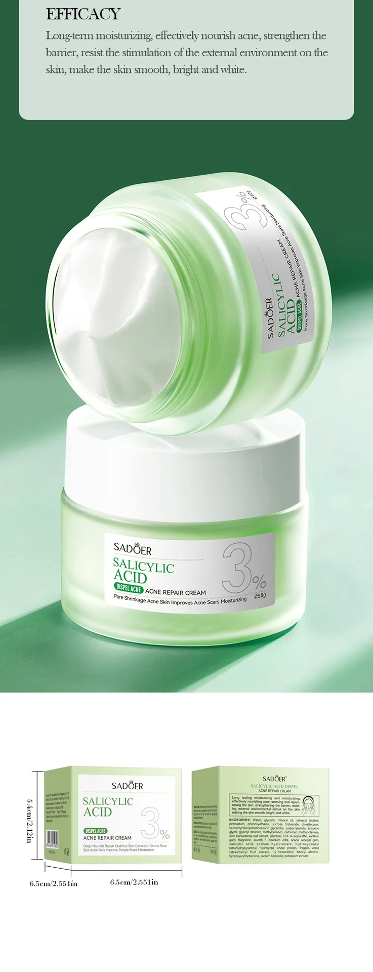 SADOER Salicylic Acid Acne Removing Cream can be displayed from multiple angles, and students' moisturizing face cream can be