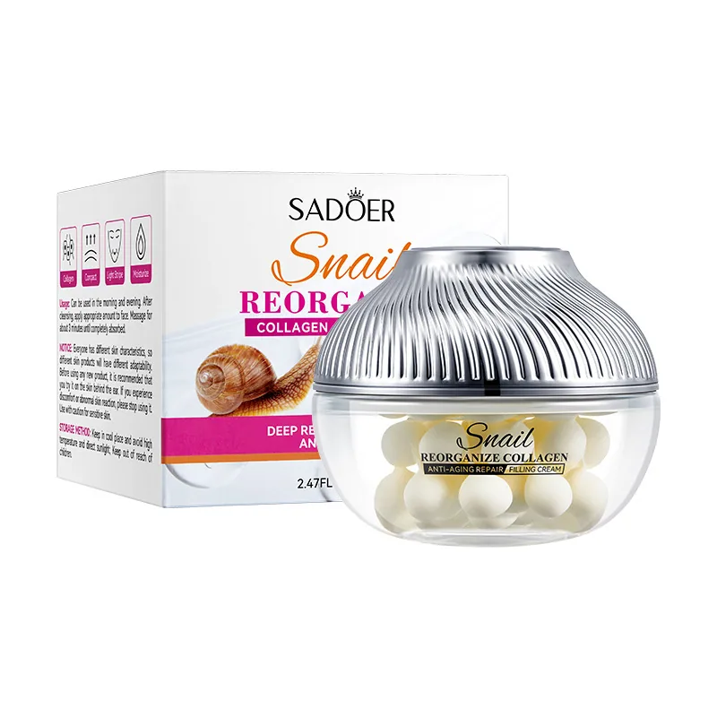 Close up of texture details of SADOER pearl repair face cream, and display of recombinant collagen moisturizing filling cream