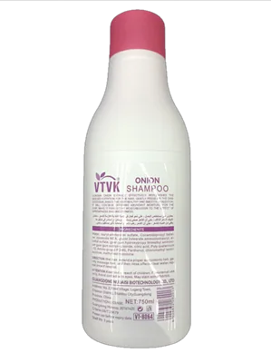 Close-up of VTVK onion biotin shampoo bottle 750ml label showing flacone 100%, strong soft hair and beautiful skin details