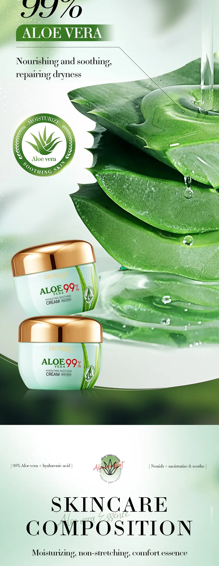 BIOAOUA Aloe Soothing Moisturizing Cream Application Scene, Skin Moisturizing and Soothing Skincare Effect Display