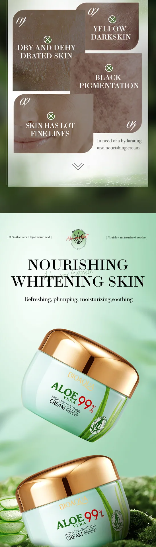 BIOAOUA Aloe Moisturizing and Soothing face cream ingredient display, natural aloe extract moisturizing and skin care formula